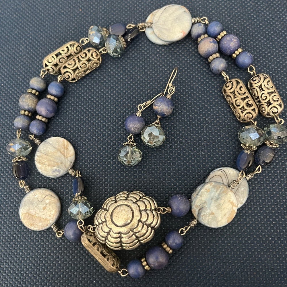 Elegant Blue and Silver Beaded Necklace and Earring Set
